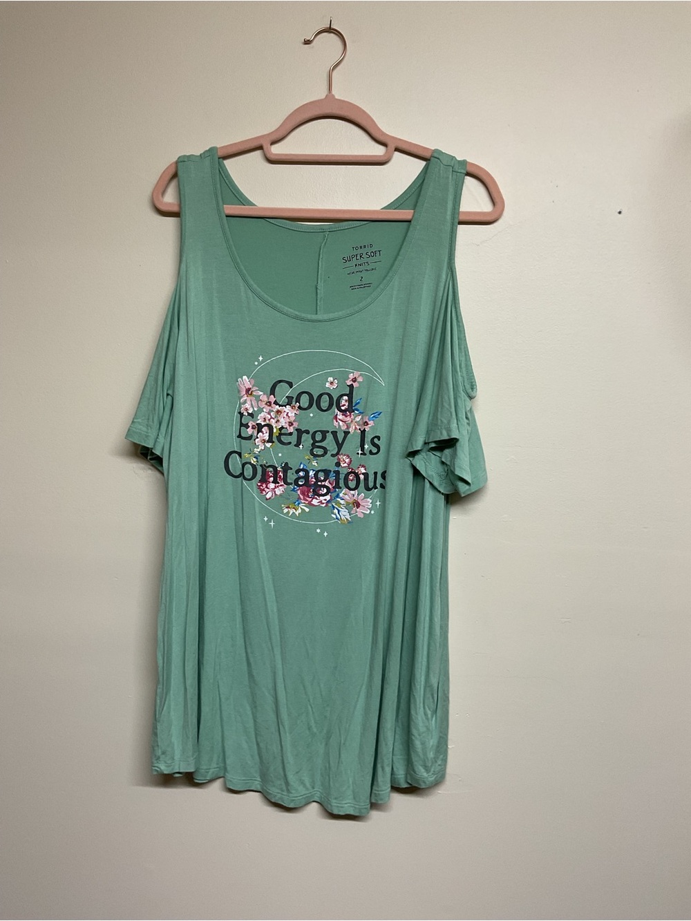 torrid Sage Cold-Shoulder Graphic Tee with Floral Motif